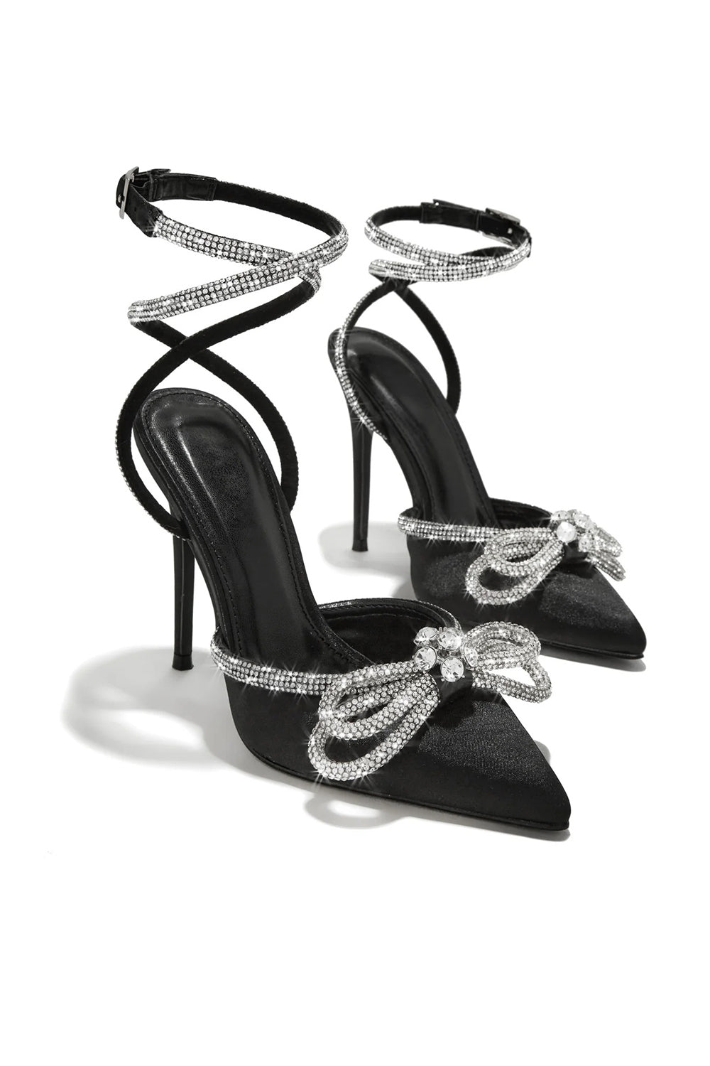 Glittering Rhinestone Bow Decor Pointed Toe Party Stiletto Heels-Black