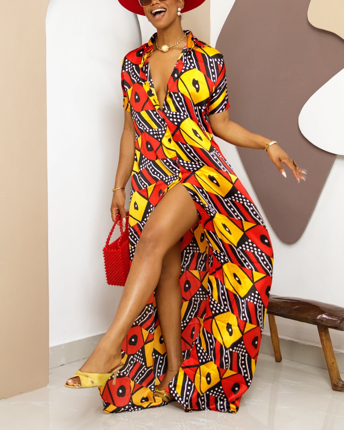 Women's Casual Print V Neck Kaftan Maxi Dress