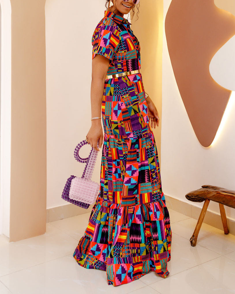 Women's Casual Print Button Kaftan Maxi Dress