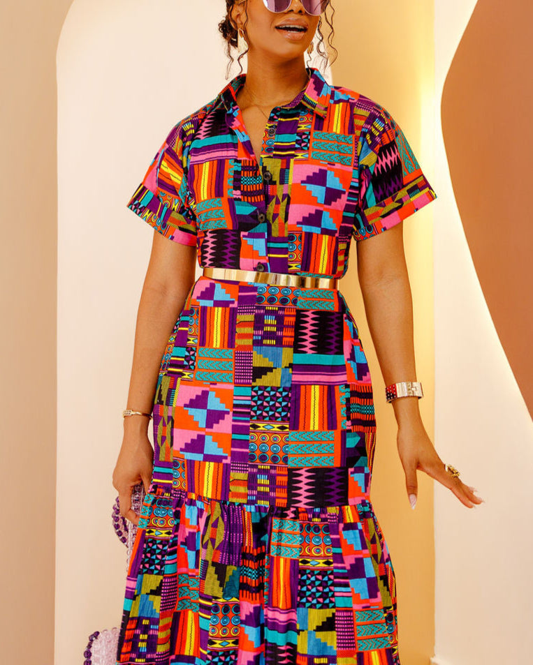 Women's Casual Print Button Kaftan Maxi Dress