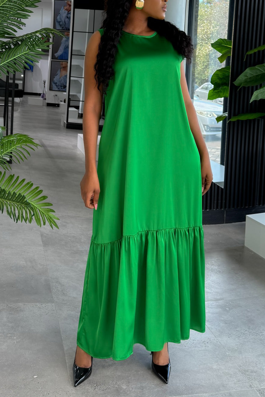 Comfortable Ruffle Hem Satin Sleeveless Maxi Dress