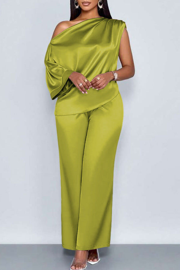 Elegant Satin Oblique Neck Top & Pants Set