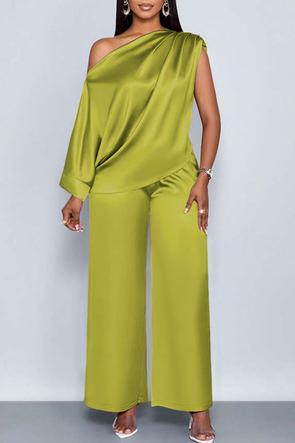 Elegant Satin Oblique Neck Top & Pants Set