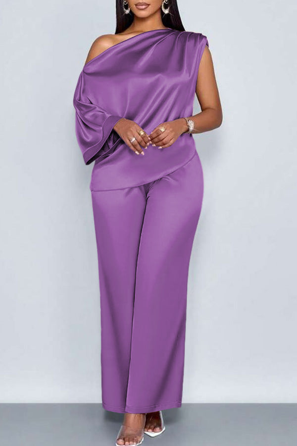 Elegant Satin Oblique Neck Top & Pants Set
