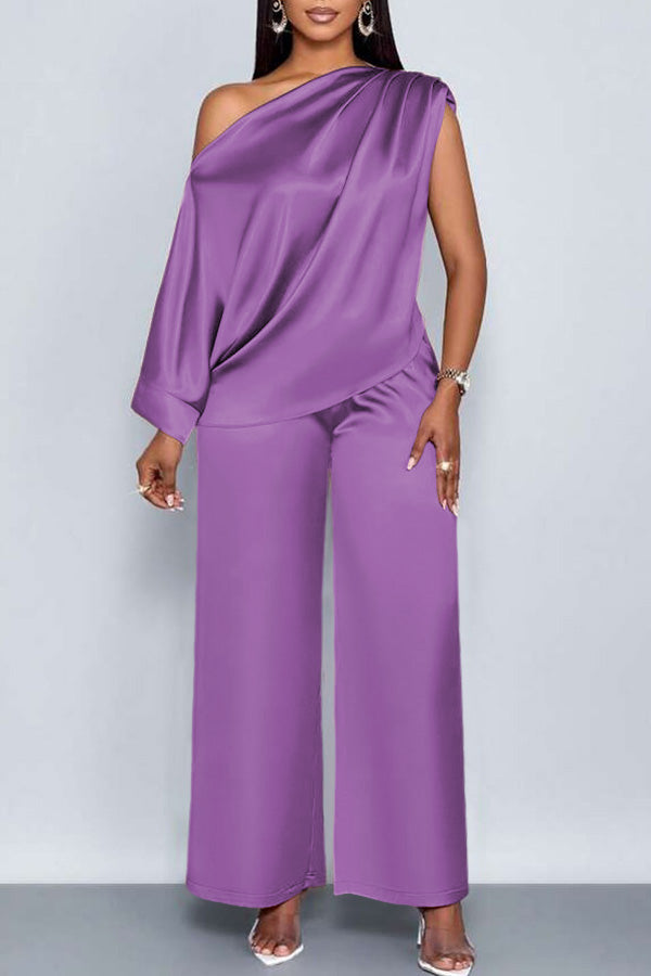 Elegant Satin Oblique Neck Top & Pants Set