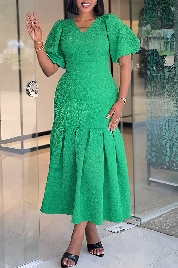 Chic V-Neck Puff Sleeve Pleated Dress