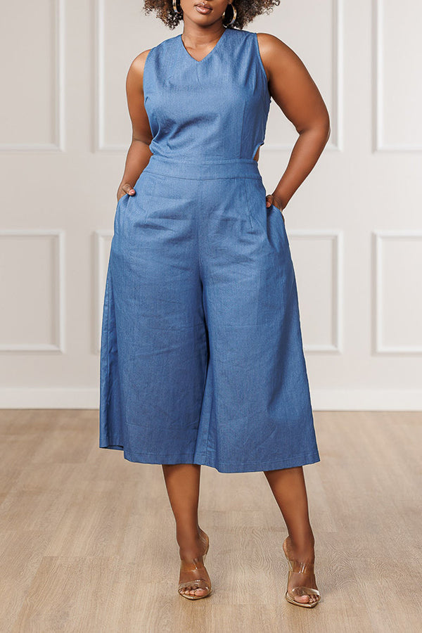 Stylish V-neck Cut-out Pockets Jumpsuit