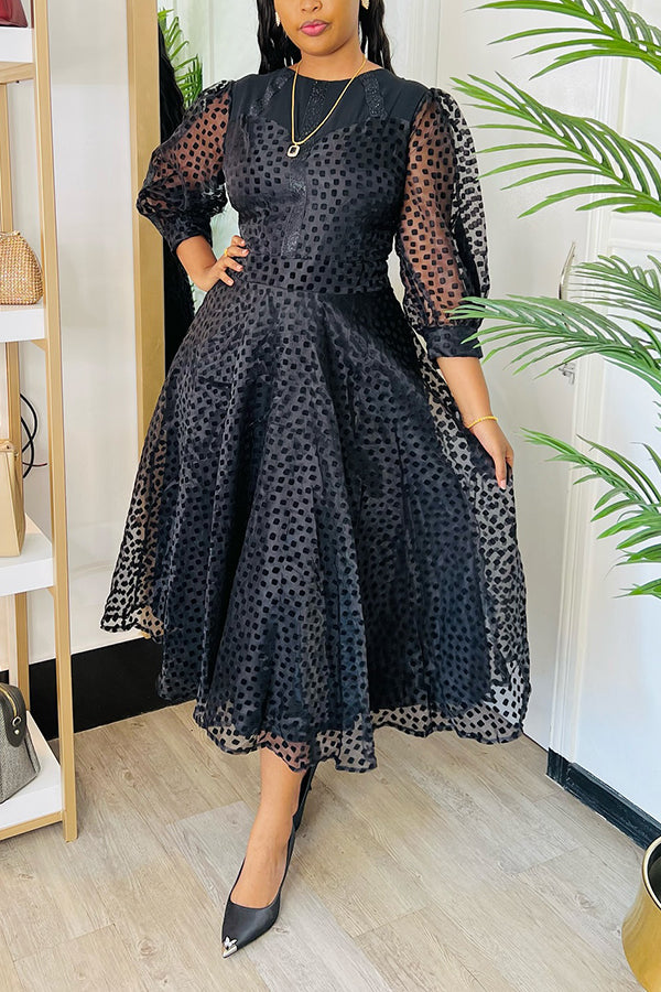 Elegant Lantern Sleeve Polka Dot Print Dress