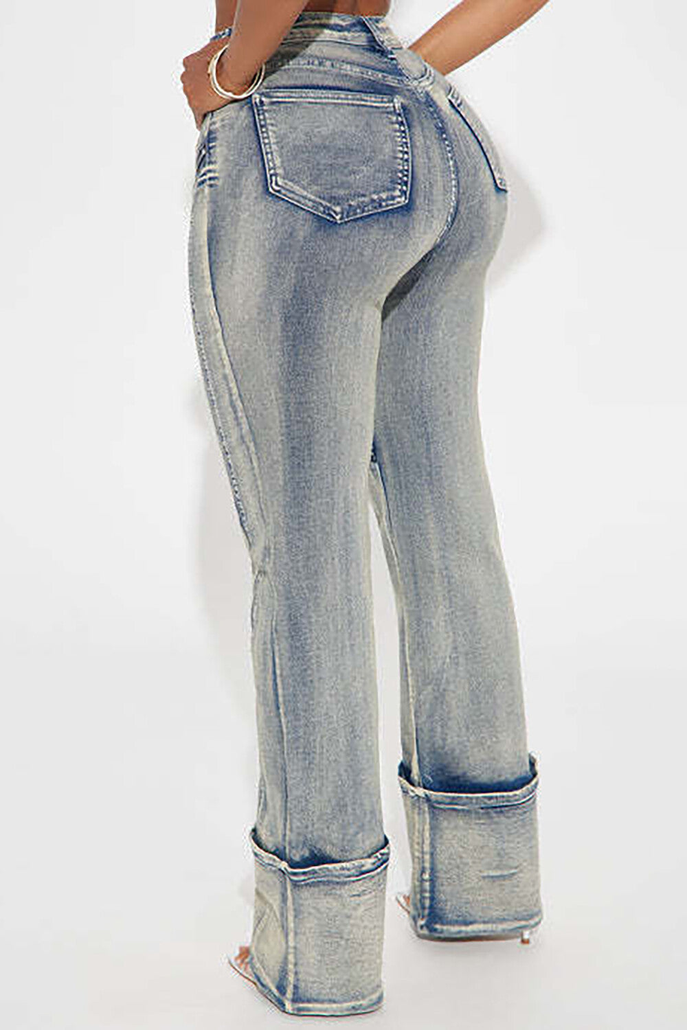 Denim High Waist Zippers Patchwork Straight Leg Casual Jeans-Blue