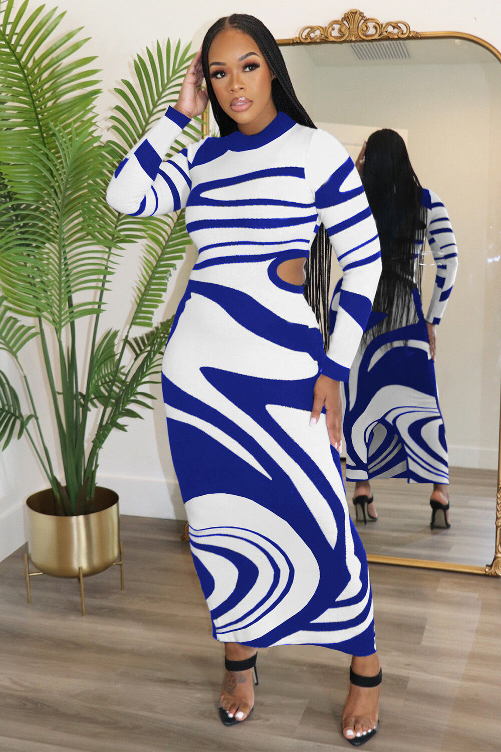 Knit Geometric Print Long Sleeve Cutout Bodycon Sweater Maxi Dresses-Black