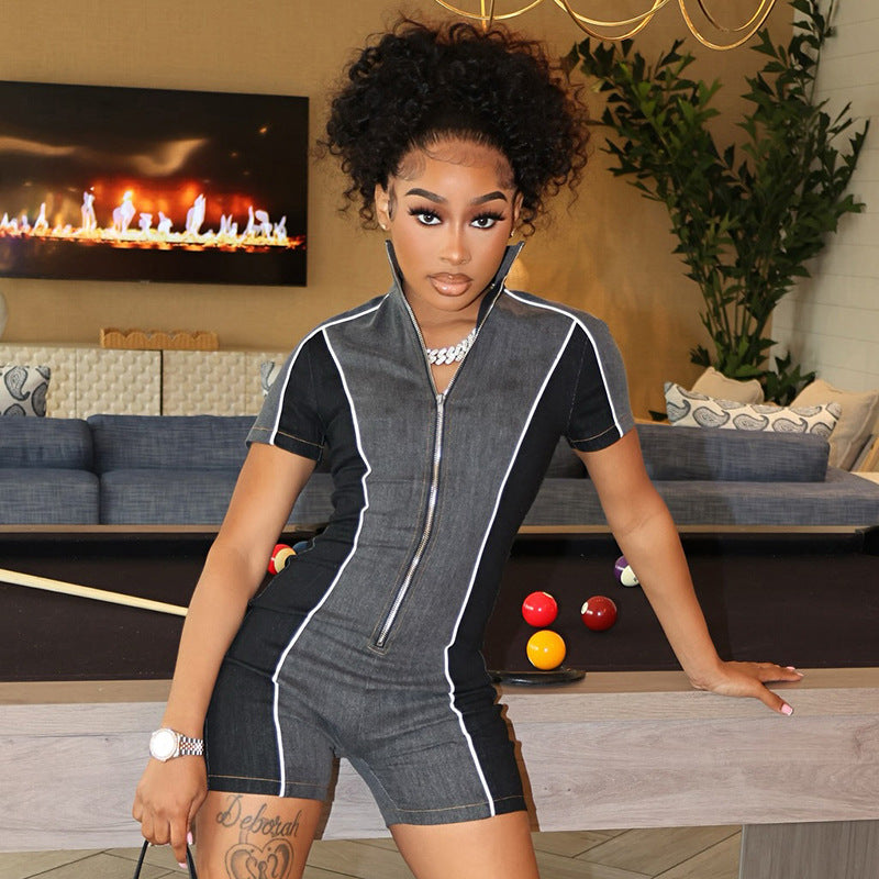 Sexy Zipper Contrast Color Zipper Elastic Sports Casual Jumpsuit