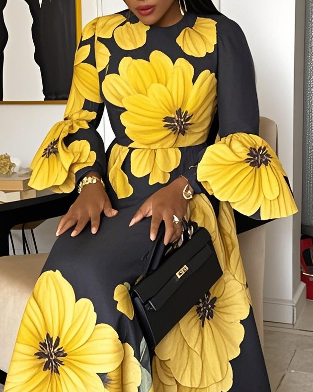 Women Fashion Elegant Formal Round Neck 3/4 Sleeves Floral Pattern Maxi Dress