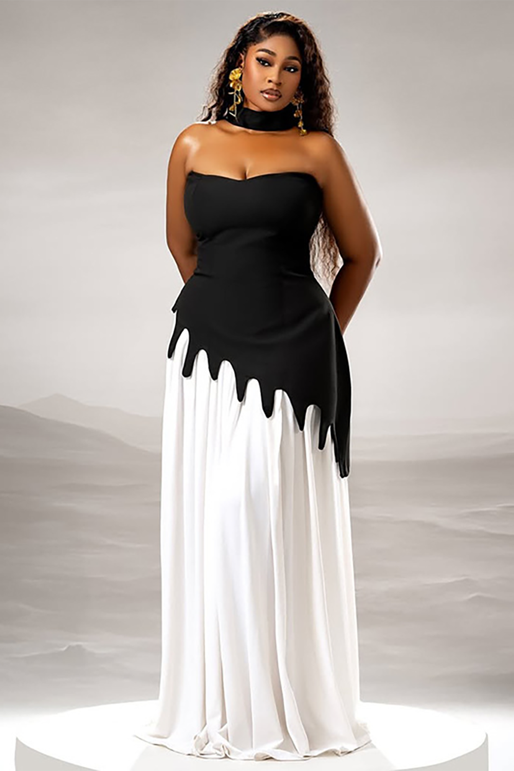 Strapless Cinch Waist Colorblock Patchwork Asymmetrical Maxi Dresses-Black