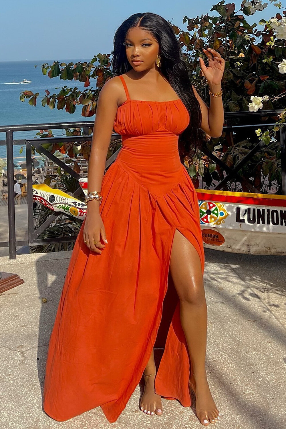 Boat Neck Cinch Waist Slit Hem Solid Color Slip Maxi Dresses-Orange