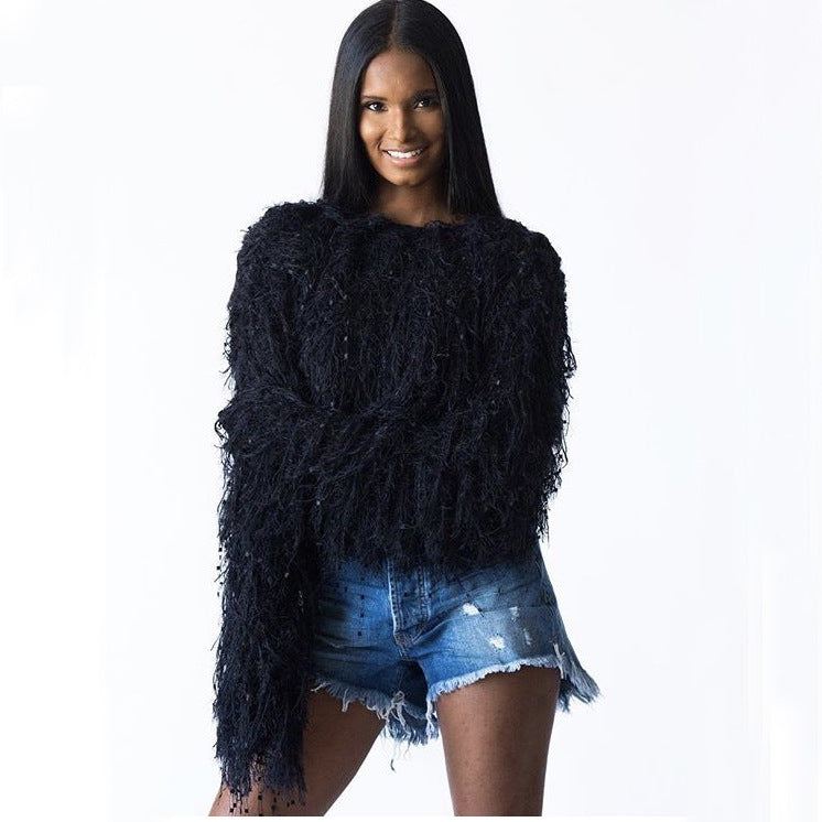 Women's sweater coat handmade tassel knitted pullover sweater