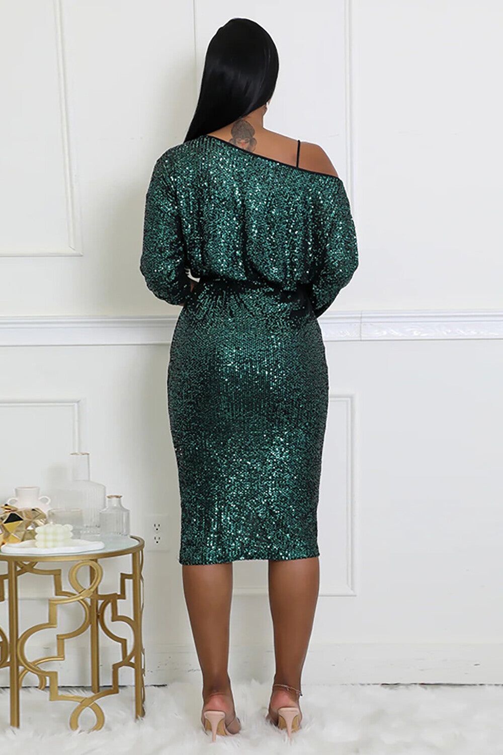 Off Shoulder Skew Neck Long Sleeve Sequin Tie Belt Party Midi Dresses-Beige