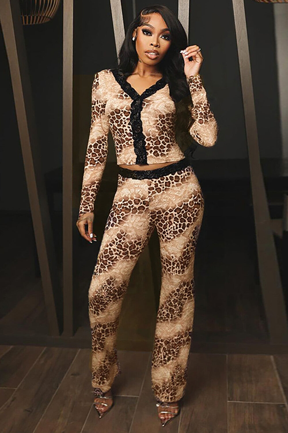 Lace Trim Leopard Print Long Sleeve Top Flared Pants Matching Set-Brown