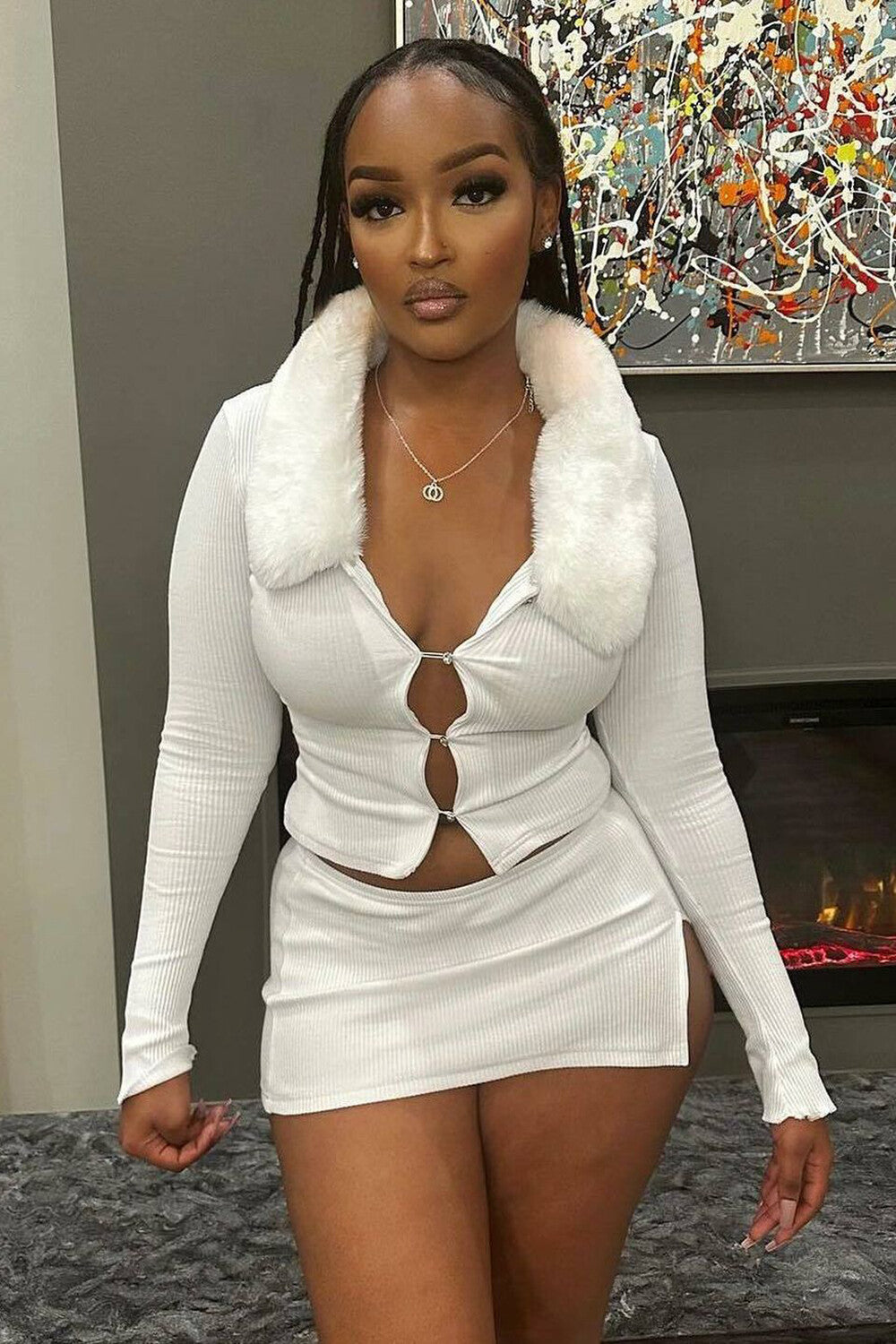 Fuzzy Turndown Collar Knit Button Up Crop Top Slit Mini Skirt 2pcs Set-White