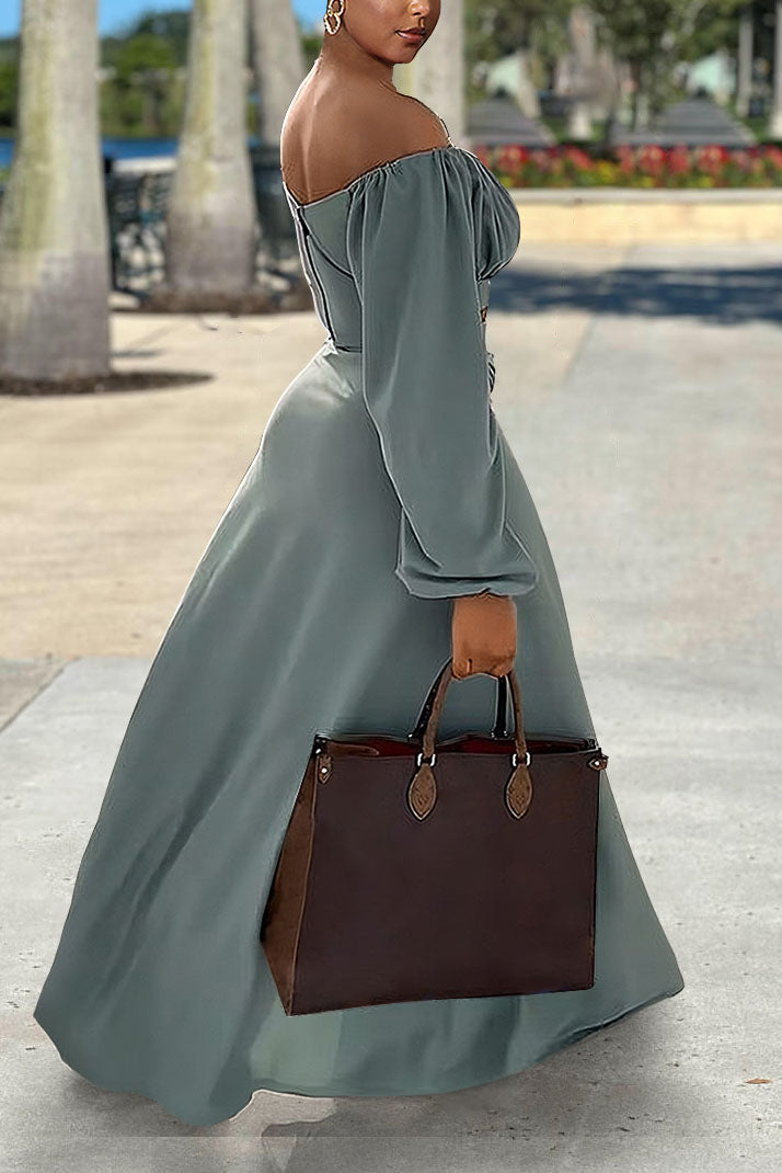 Off Shoulder Long Sleeve Ruched Crop Top High Slit Maxi Skirt Matching Set