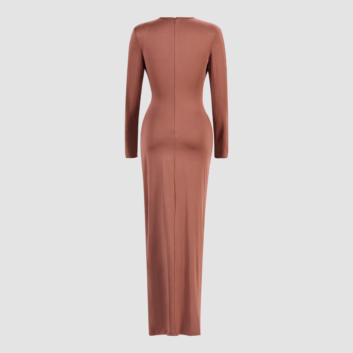 Brown V-neck Long-sleeved Pleated Dress