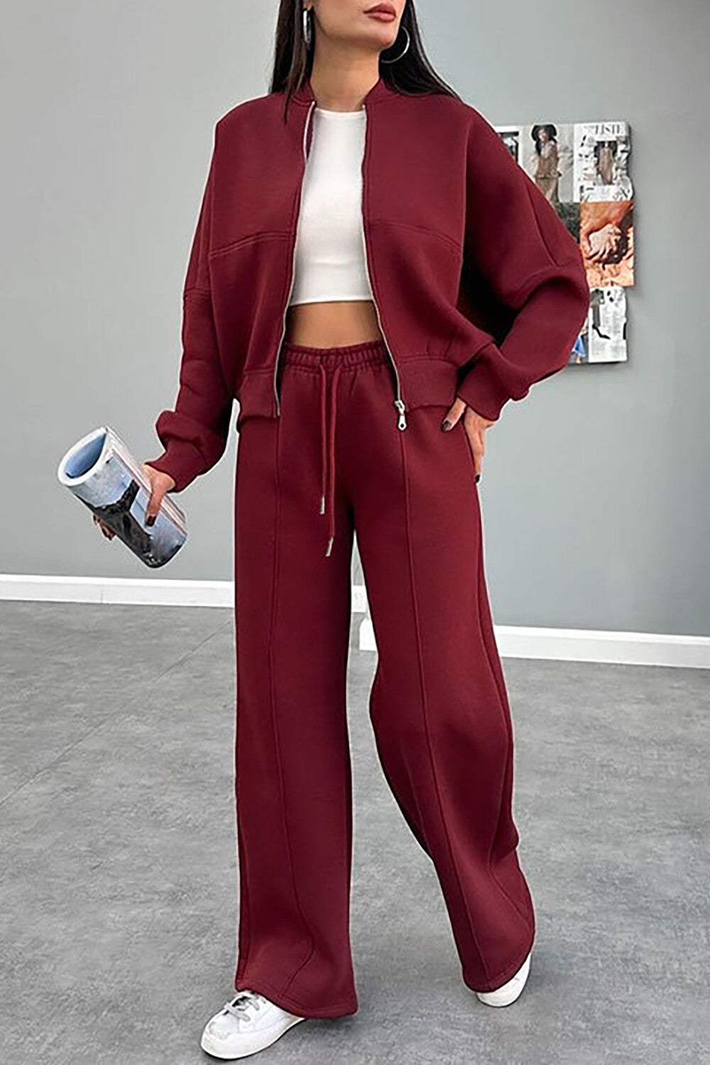 Solid Color Long Sleeve Zipper Track Jacket Casual Pants 2pcs Set-Brown