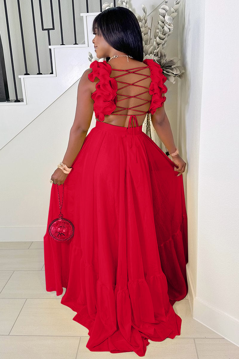 Ruffled Lace Up Backless Deep V Neck Tiered Maxi Dresses