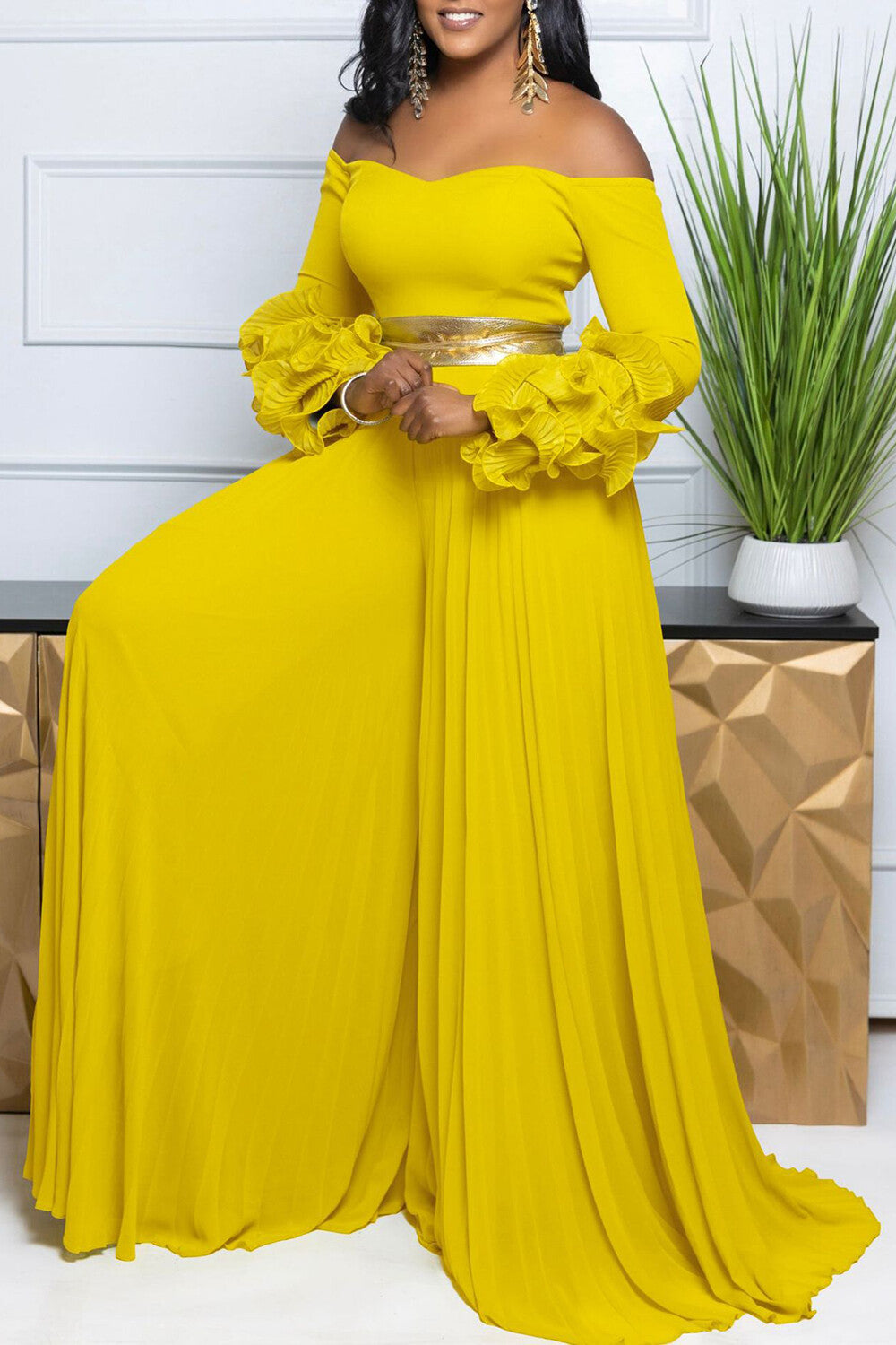 Off Shoulder Ruffled Long Sleeve Pleated Wide Leg Jumpsuit-Yellow