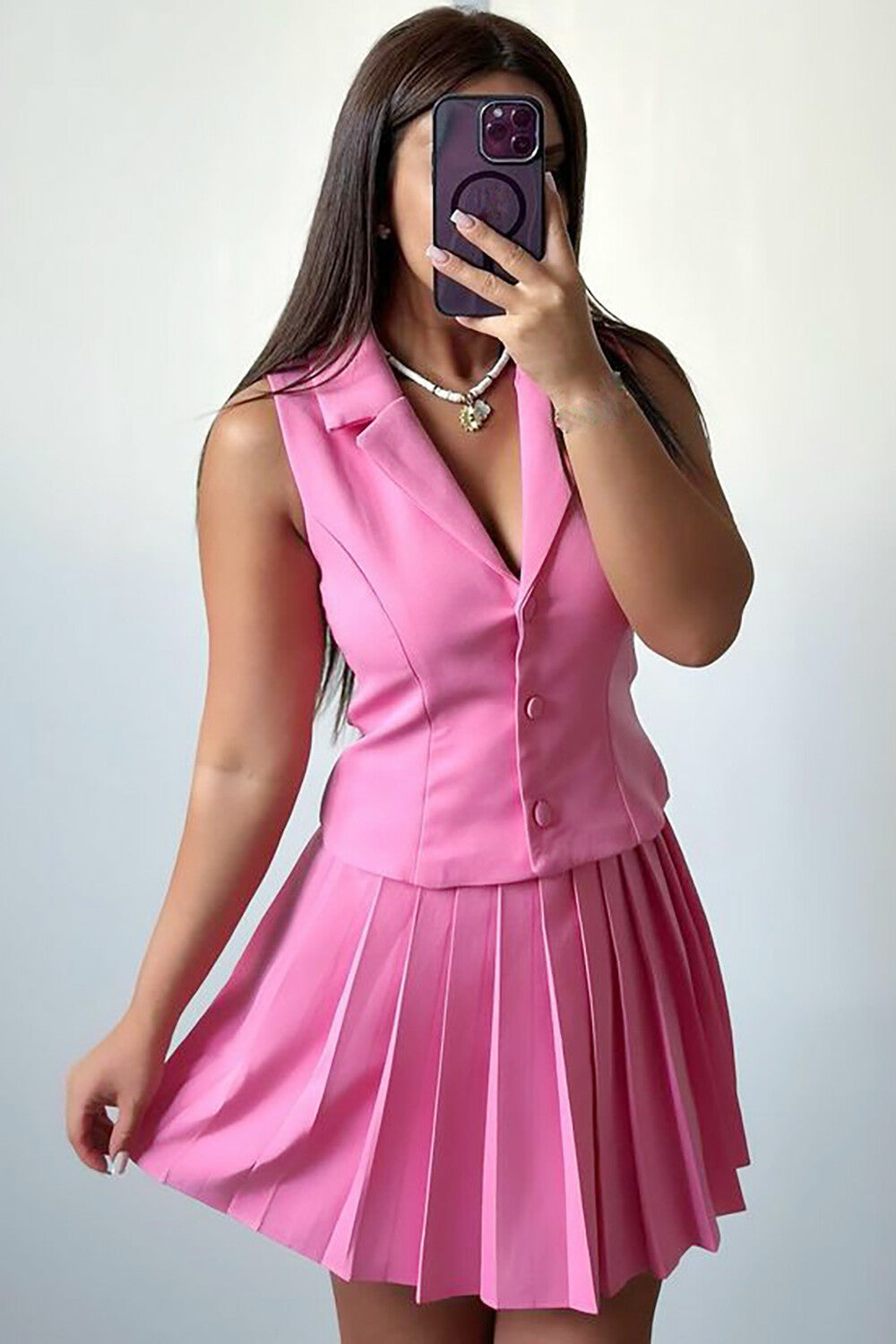 V Neck Button Up Vest Solid Color Pleated Mini Skirt 2pcs Set-White