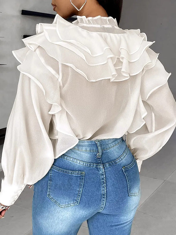 Loose Puff Sleeves Floral Gauze Lace-Up Pleated See-Through Solid Color Stand Collar Blouses