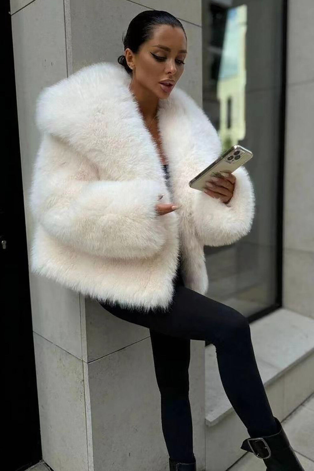 Oversize Turndown Collar Faux Fur Long Sleeve Fuzzy Coat-OffWhite