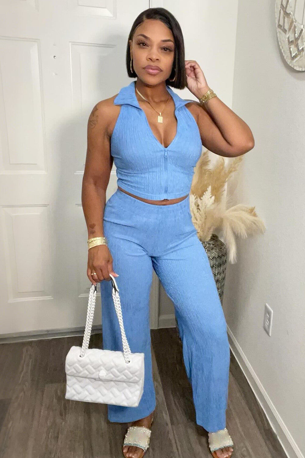 Front Zipper Turndown Collar Sleeveless Top Solid Color Pants 2pcs Set-Purple