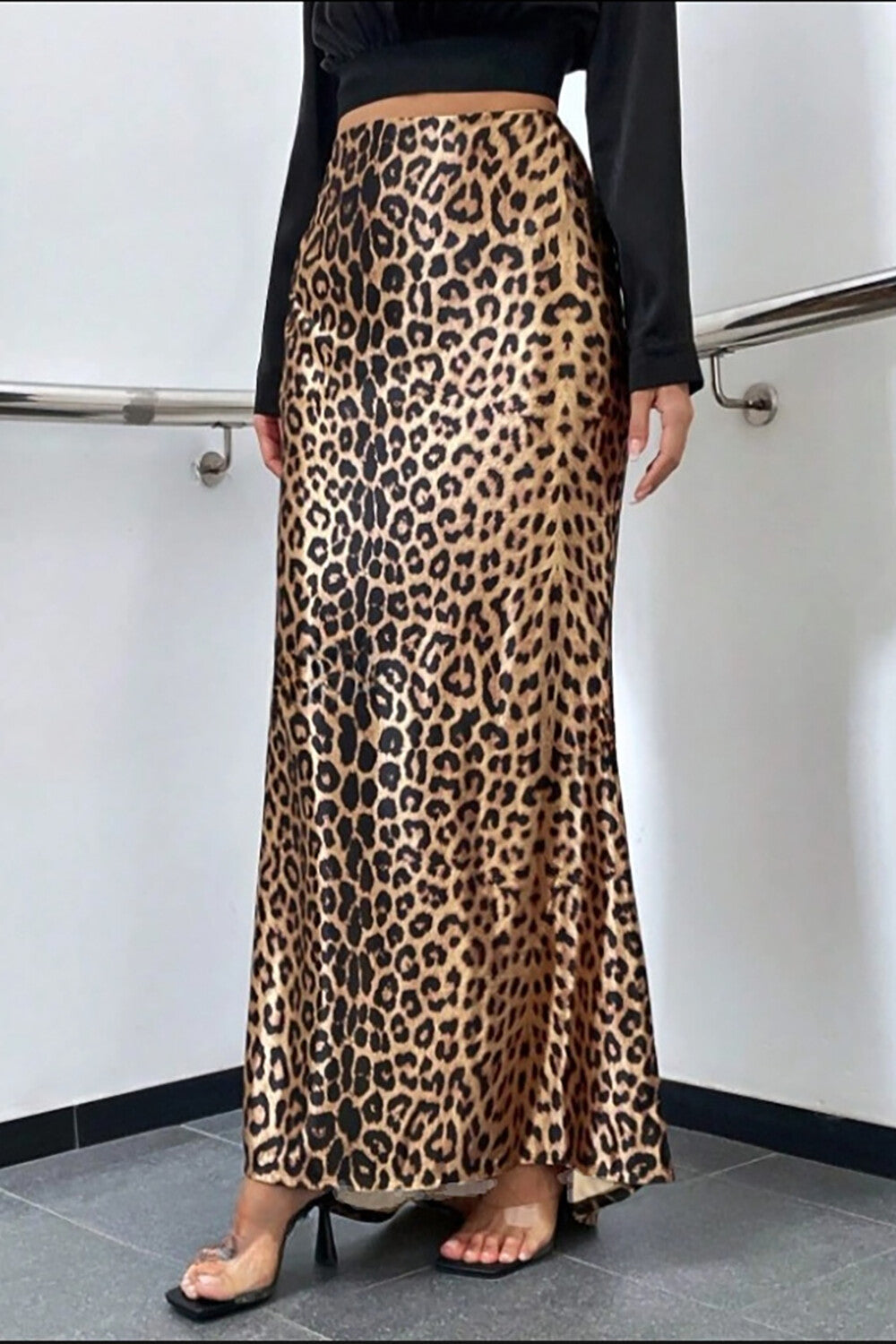 Leopard Print High Waist Fishtail Maxi Skirt-Brown