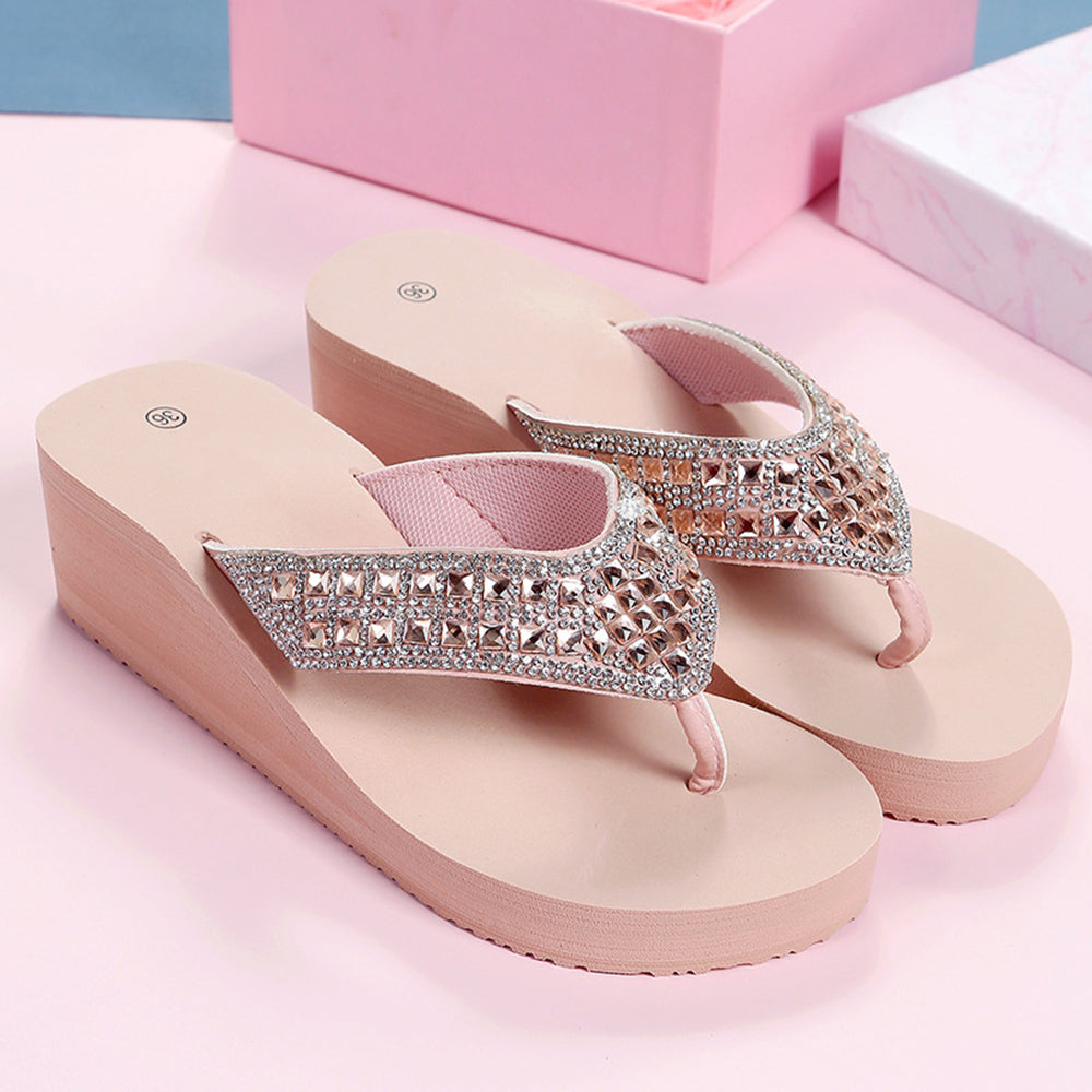 Rhinestone Decor Round Toe Flip Flops Wedge Slippers-Black