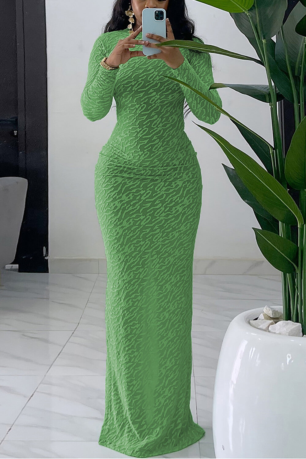 Textured Pattern Solid Color Long Sleeve Bodycon Maxi Dresses-Green