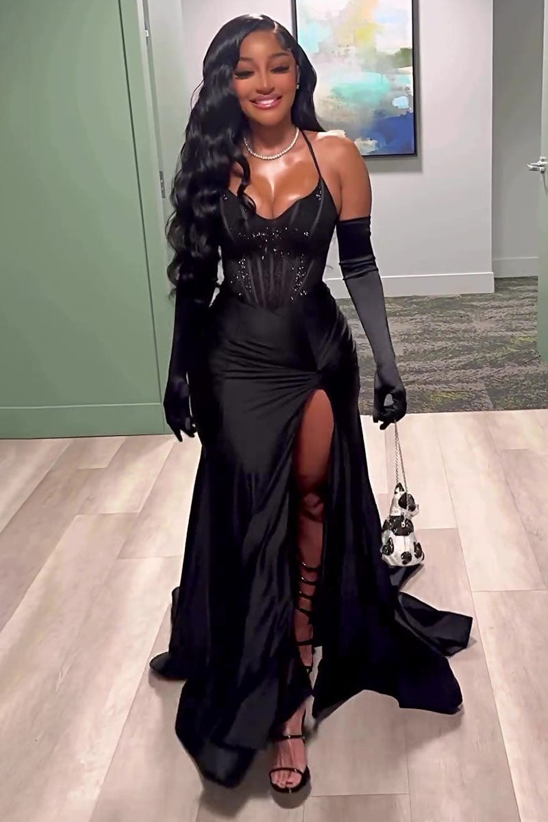 Tiktok Halter Mermaid Hem High Slit Party Corset Maxi Dresses-Black