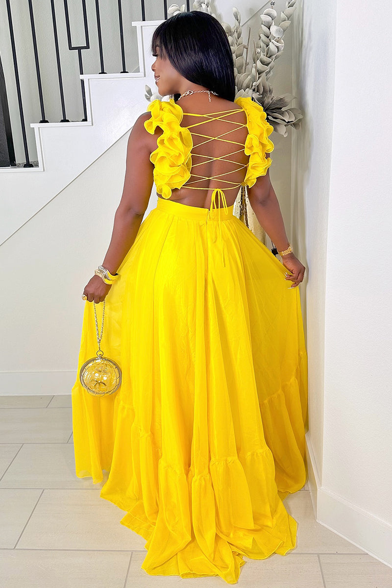 Ruffled Lace Up Backless Deep V Neck Tiered Maxi Dresses