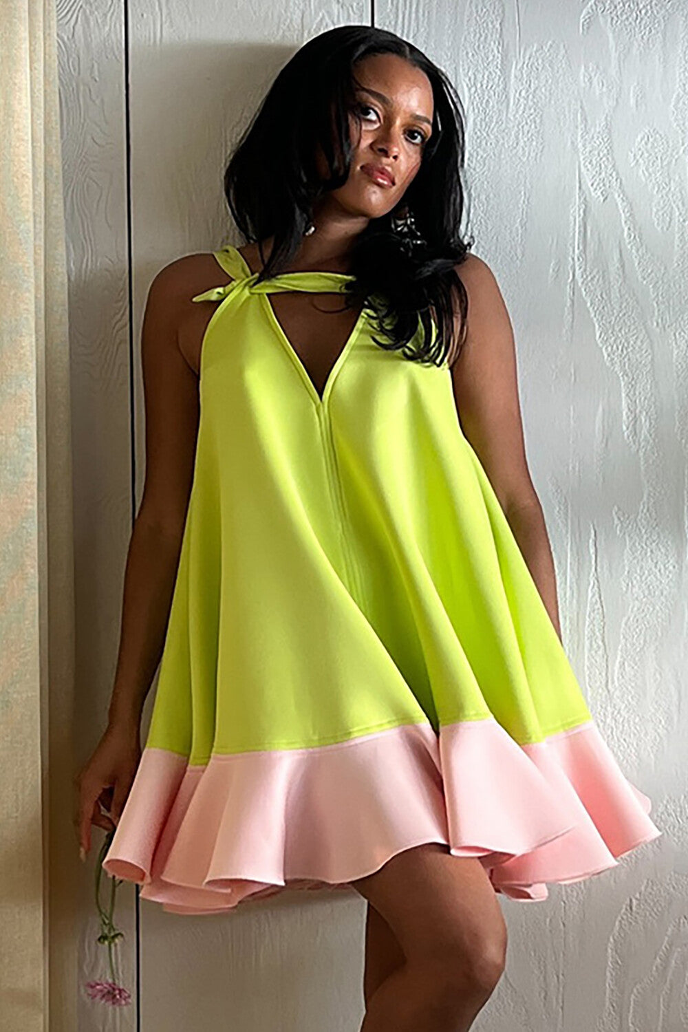 Colorblock Loose Fit Ruffled Hemline A-Line Sleeveless Mini Dresses-Green