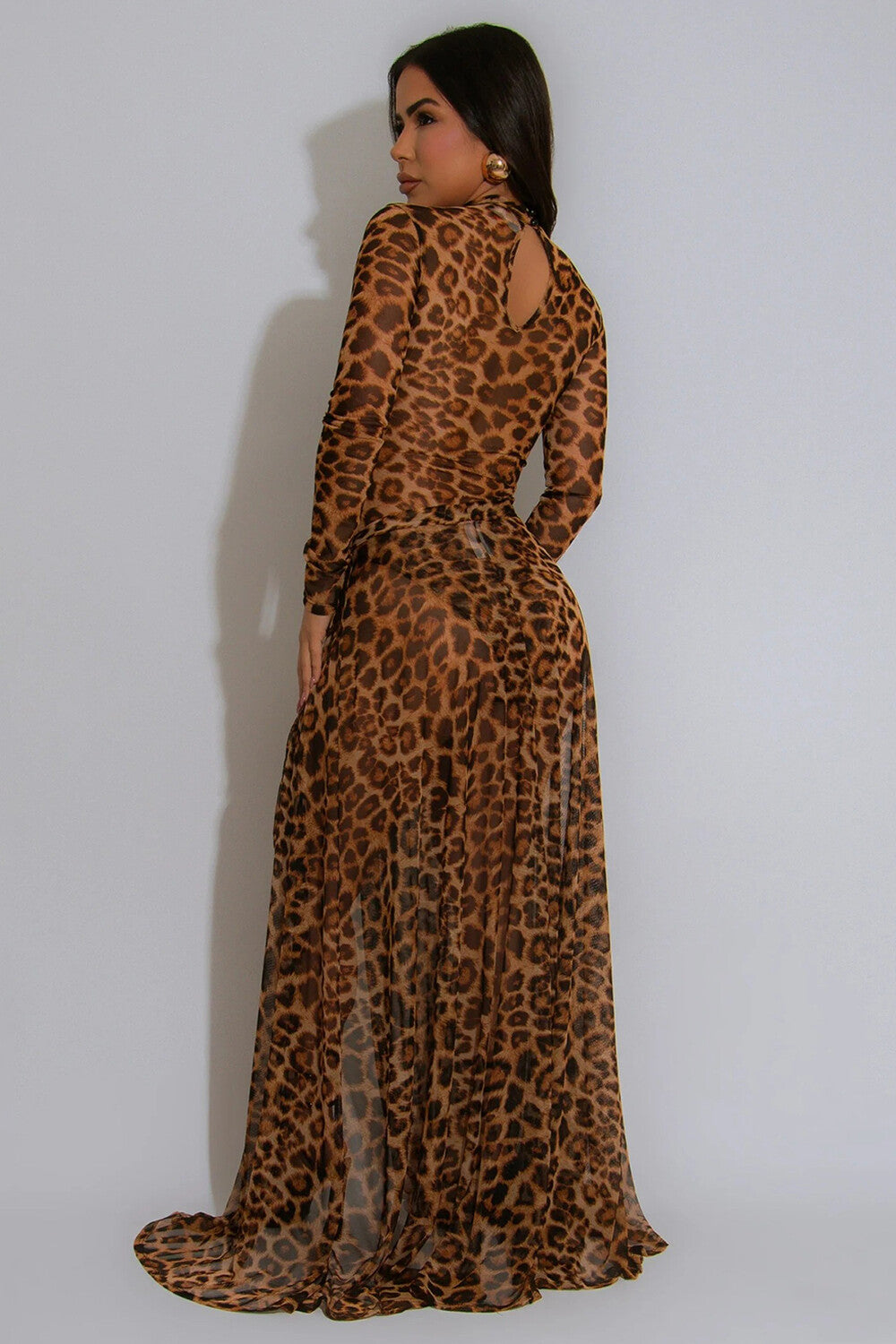 See Through Leopard Print Long Sleeve Bodysuit High Slit Maxi Skirt Set-Brown