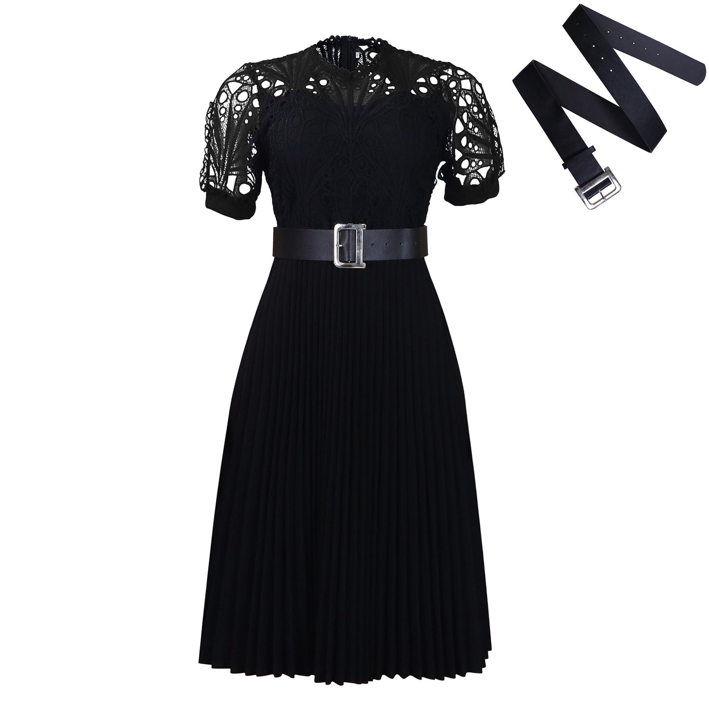 Women's Short-Sleeved Lace Stitching Pleated Dress Cross-Border Dress