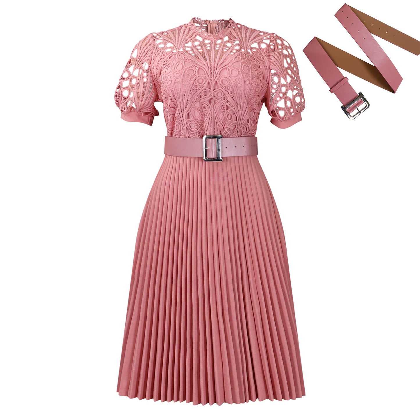 Women's Short-Sleeved Lace Stitching Pleated Dress Cross-Border Dress