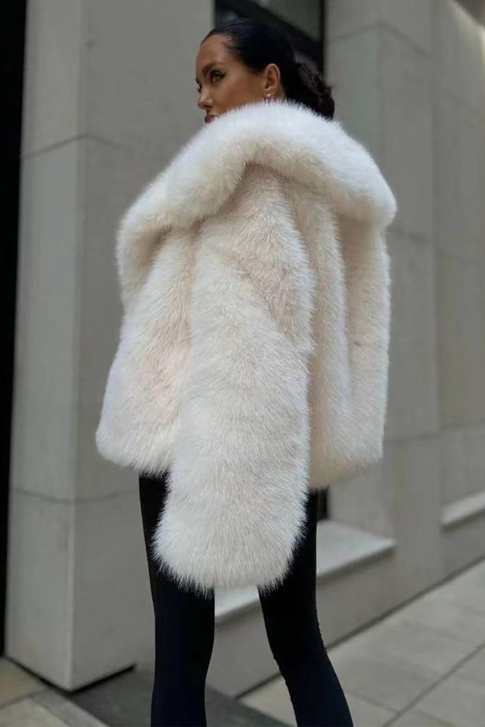 Oversize Turndown Collar Faux Fur Long Sleeve Fuzzy Coat-OffWhite