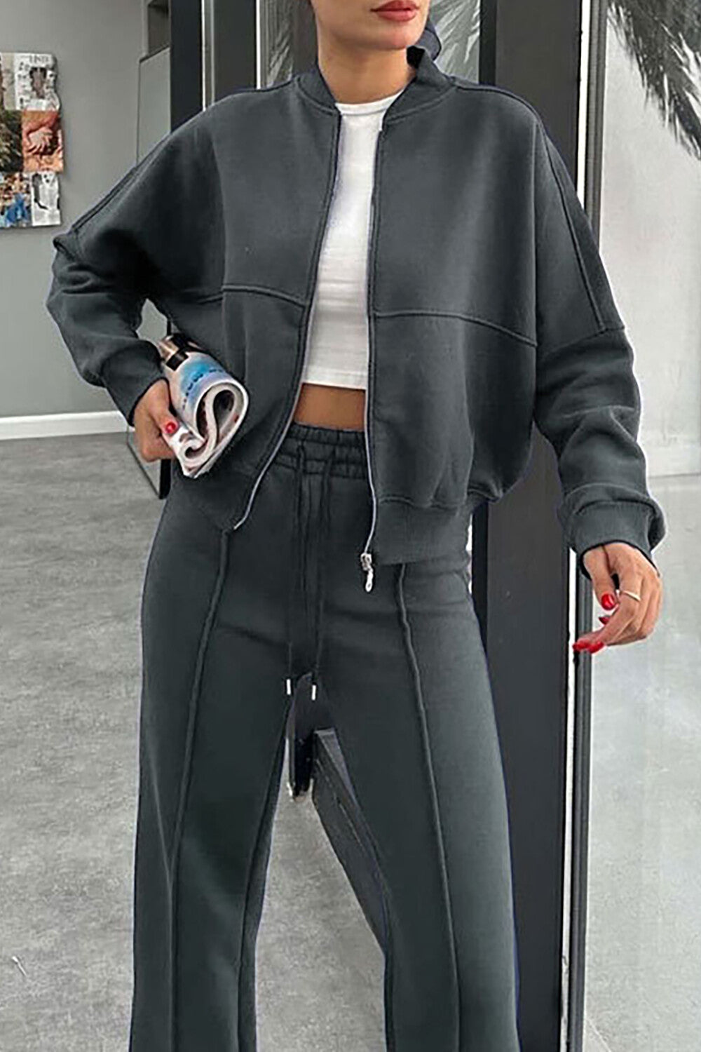 Solid Color Long Sleeve Zipper Track Jacket Casual Pants 2pcs Set-Brown