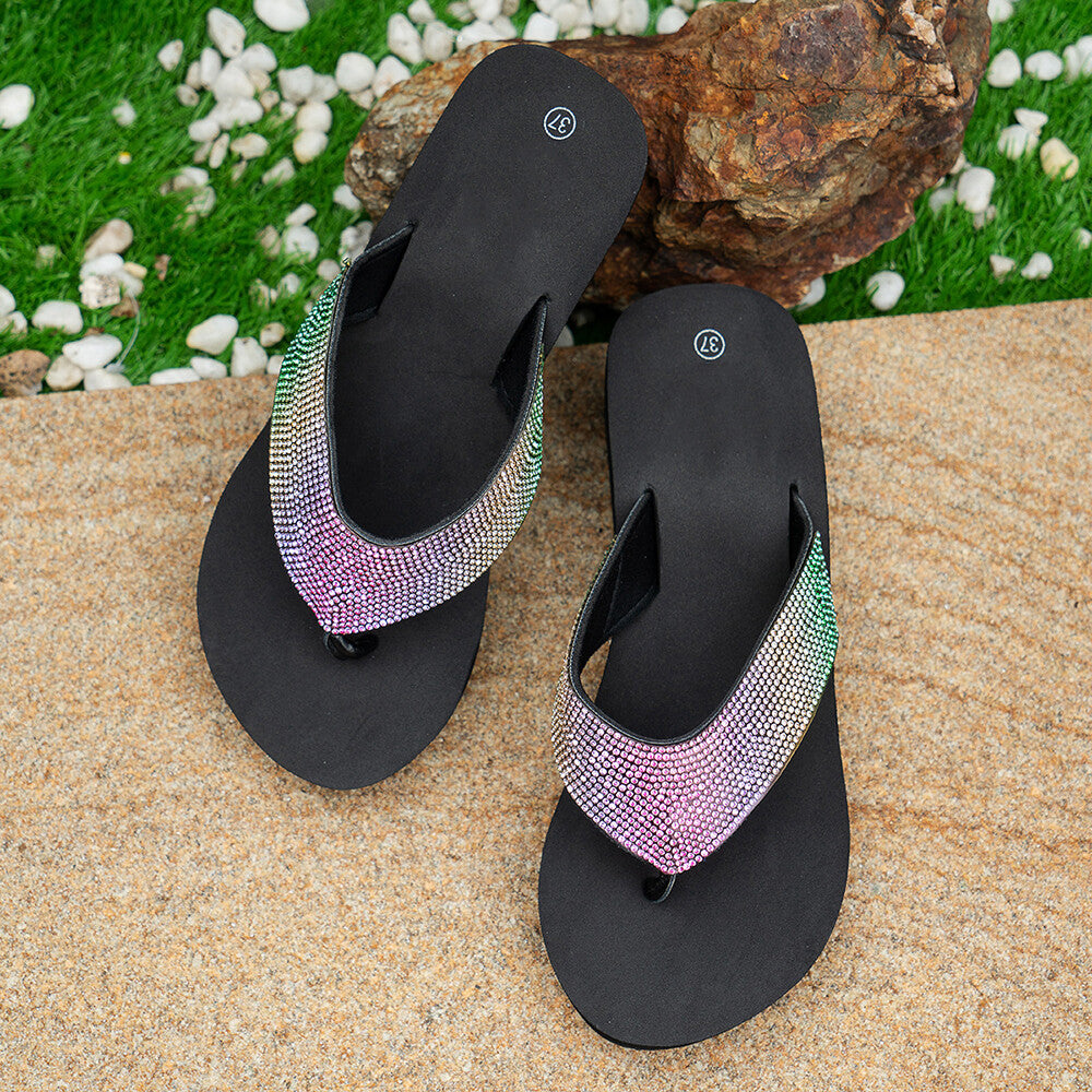Rhinestone Decor Round Toe Flip Flops Wedge Slippers-Black