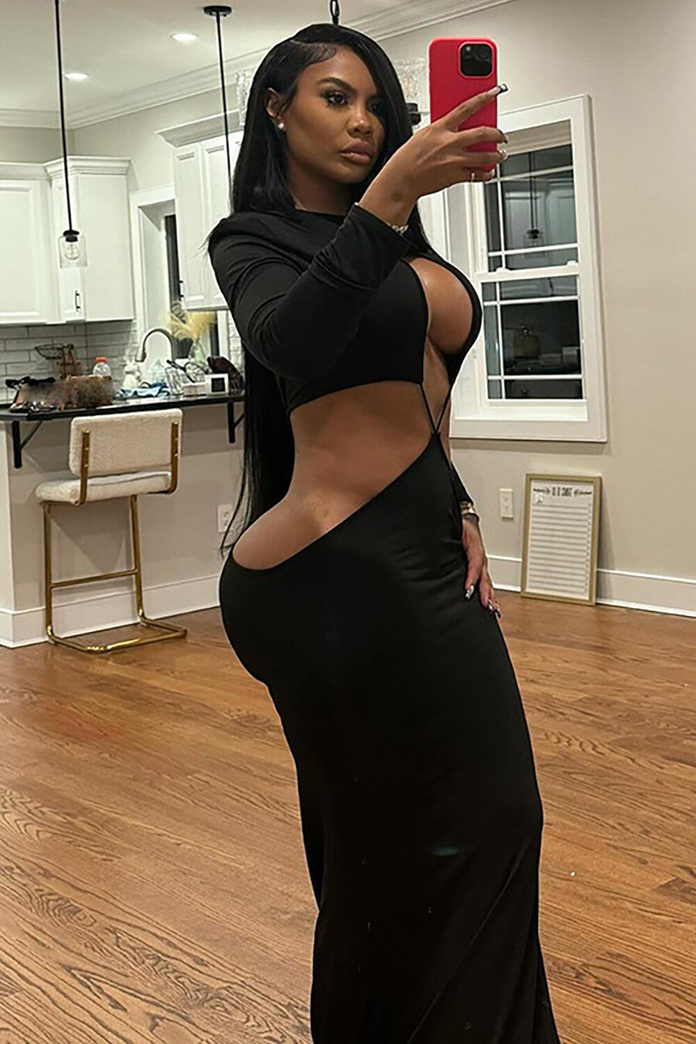 Cutout Round Neck Long Sleeve Bodycon Party Maxi Dresses-Black