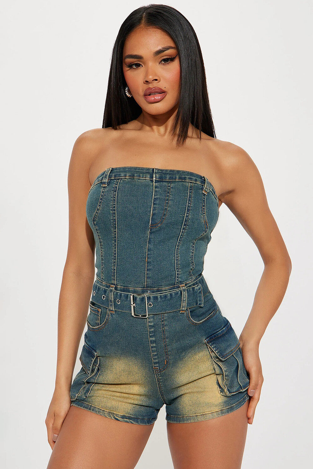 Boat Neck Strapless Belted Pockets Denim Casual Playsuit Romper-Blue