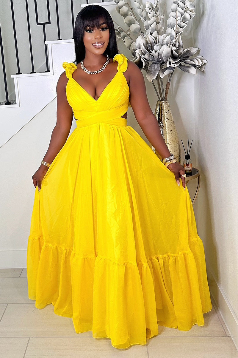 Ruffled Lace Up Backless Deep V Neck Tiered Maxi Dresses