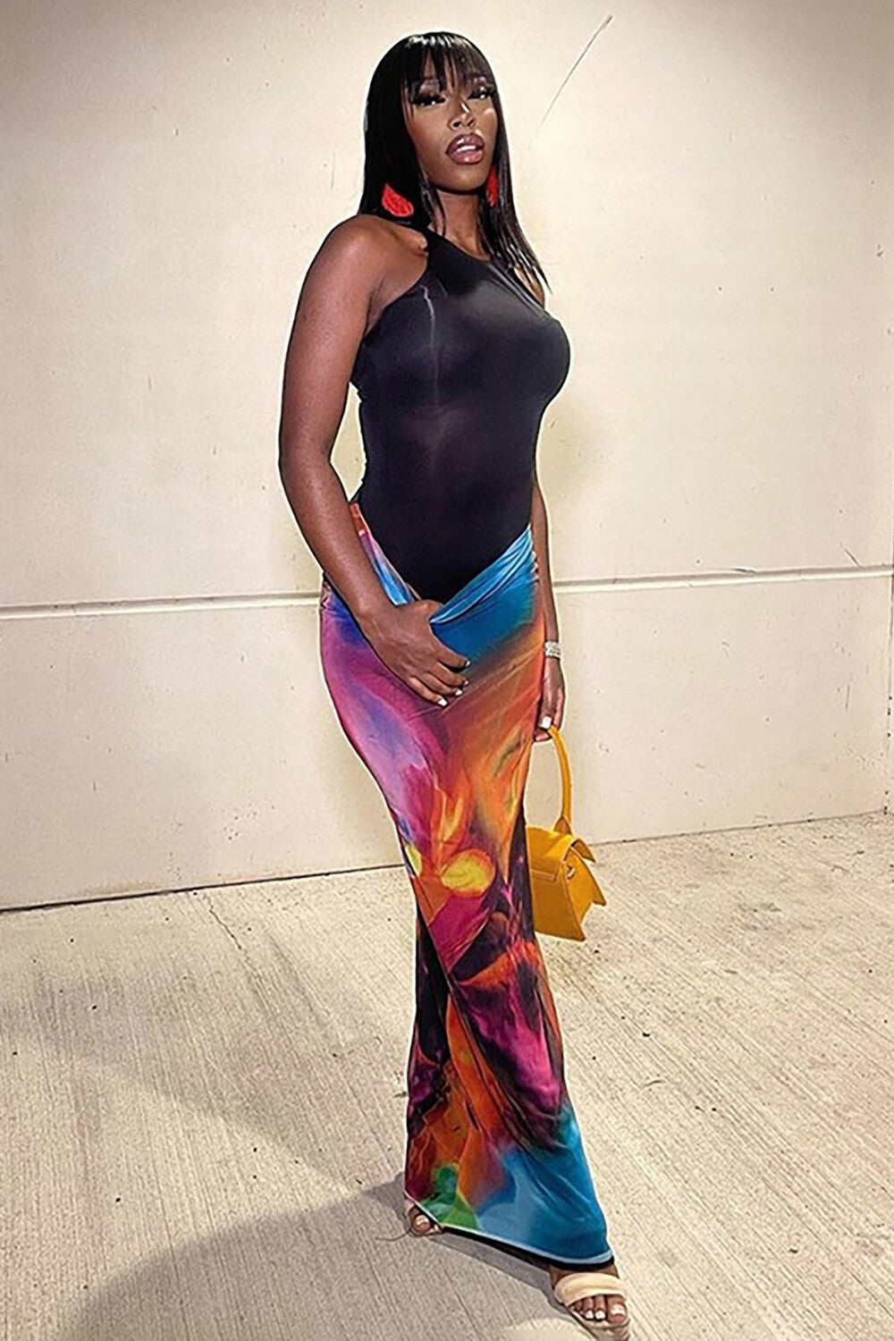 Colored Drawing Print Bodycon Casual Maxi Skirt-Blue