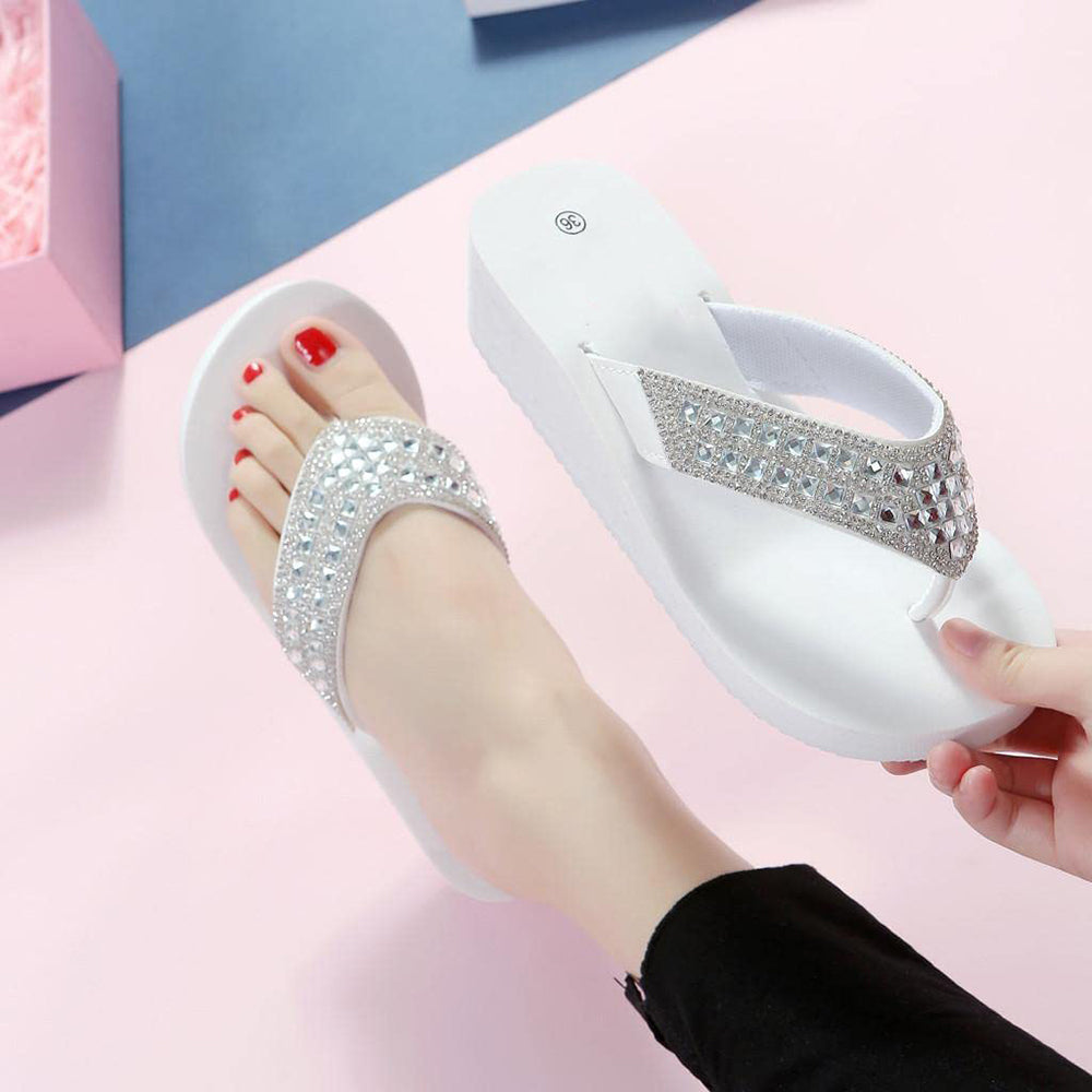 Rhinestone Decor Round Toe Flip Flops Wedge Slippers-Black
