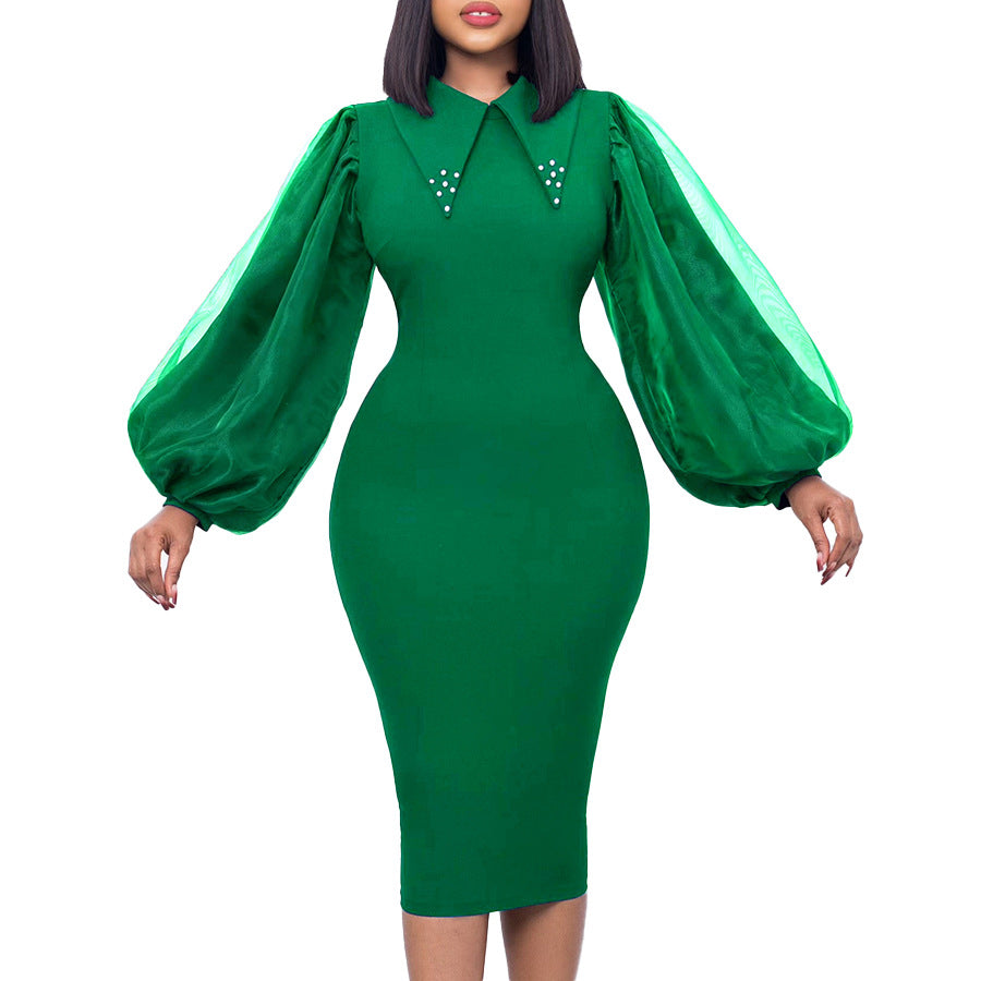 Women's Long Sleeve plus Size Sheath Beaded Mesh Stitching Commuter Pencil Skirt Dress
