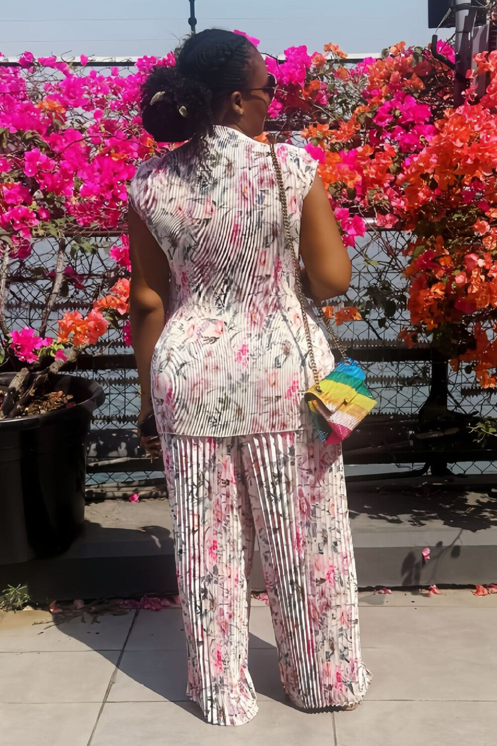 Pleated Floral Print Short Sleeve Cinch Waist Top Wide Leg Pants 2pcs Set-Pink